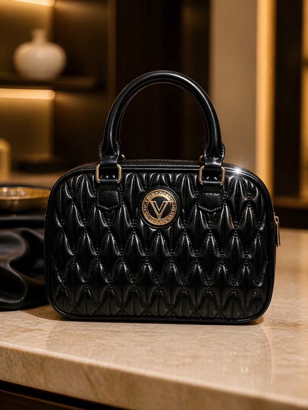 NWT Valentino Orlandi Black Quilted Leather Crossbody Satchel Gold V Logo - Picture 13 of 13